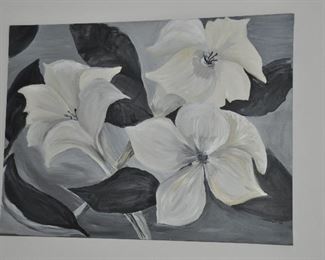 WONDERFUL BLACK, WHITE AND GREY LARGE CANVAS ART, SIGNED 48" X 36" OUR PRICE $250.00