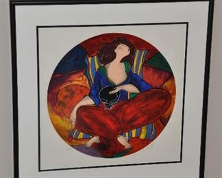LINDA LE KINFF, "FEMME AU CHAT" 1998 SERIGRAPH NUMBERED 320/350 DOUBLE MATTED AND FRAMED WITH CERTIFICATE OF AUTHENTICITY.  24” X 24”.   OUR PRICE $350.00