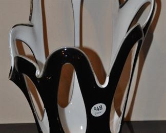 13.5" MID CENTURY BLACK AND WHITE MOCOCHA POLAND GLASS SCULPTURE. OUR PRICE  $48.00