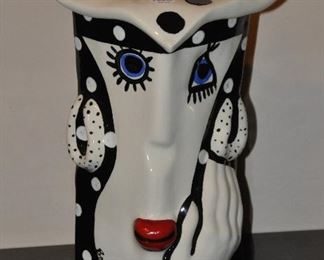 WONDERFUL WHIMSICAL LARGE 16" ABSTRACT CERAMIC COOKIE JAR SIGNED JERILYNN BABROFF, IN PRISTINE CONDITION. OUR PRICE $165.00