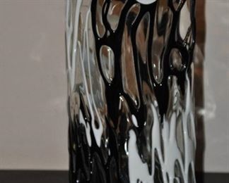 BLACK AND WHITE SWIRL MID CENTURY 11" GLASS VASE. OUR PRICE $55.00