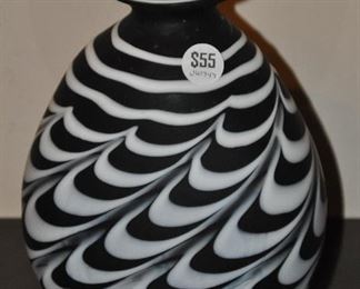 9" BLACK AND GLASS HAND BLOWN GLASS VASE. OUR PRICE $55.00