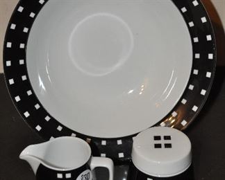 10" STUDIO NOVA BLACK AND WHITE SERVING BOWL AND MATCHING CREAM AND SUGAR SET. OUR PRICE $30.00