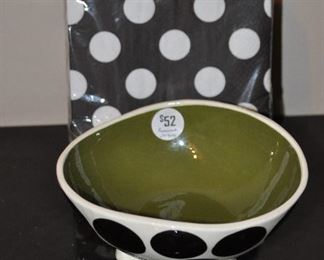 FABULOUS SIGNED  "ROANNE" BLACK AND WHITE DOTS AND STRIPES WITH OLIVE GREEN INTERIOR 7" FOOTED BOWL AND MATCHING POLKA DOT NAPKINS.  OUR PRICE $52.00 SET