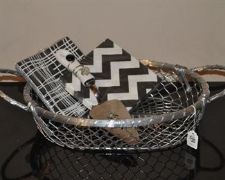 WONDERFUL 15" SILVER WIRE ART BASKET, NAPKINS AND DECORATIVE CAKE SERVER. OUR PRICE $30.00 SET
