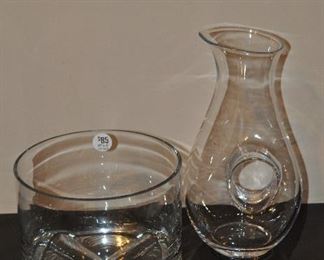 GREAT MID CENTURY HEAVY GLASS ENTERTAINING PIECES INCLUDES A 6.5"H X 8" ROUND ICE BUCKET AND A 11.5" WATER PITCHER. MADE IN POLAND, OUR PRICE $85.00 SET 