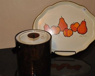 FANTASTIC MID CENTURY GEORGE BRIARD "FRUIT" METAL TRAY AND A GEORGE BRIARD FAUX TORTOISE ICE BUCKET. OUR PRICE $50.00 SET