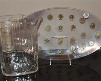 GREAT DOROTHY THORPE MID CENTURY 17" GLASS SERVING TRAY AND A 9.5" HEAVY POCKET GLASS PITCHER. OUR PRICE $40.00 SET  