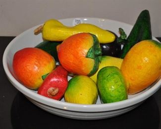 13.5" ROSEVILLE WHITE CERAMIC SERVING BOWL, OUR PRICE $35.00. ALSO AVAILABLE IS A SET OF 12 VINTAGE PAPER MACHE FRUITS. OUR PRICE IS $25.00