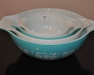 RARE TURQUOISE AND WHITE VINTAGE PYREX, SET OF FOUR INCLUDES 441, 442, 443 AND 444 IN EXCELLENT CONDITION.  OUR PRICE $125.00 