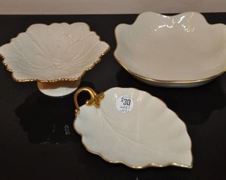 SET OF THREE LENOX CANDY DISHES, IVORY WITH GOLD TRIM. OUR PRICE $30.00