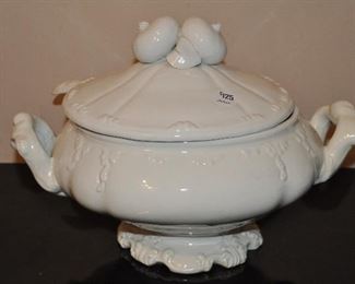 WONDERFUL 15" WHITE PORCELAIN DOUBLE HANDLED COVERED SOUP TUREEN AND MATCHING SERVING SPOON, MADE IN ITALY. OUR PRICE $125.00