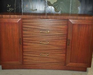 FANTASTIC RARE  MID CENTURY CURVED FRONT SIDEBOARD/SERVER WITH 3 DRAWERS AND TWO STORAGE CABINETS, 54" W X 19.5"D X 32"H. OUR PRICE IS $795.00.  