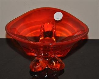 ABSTRACT VIKING MID CENTURY ORANGE ART 8" X 5" GLASS FOOTED CANDY DISH.  OUR PRICE $50.00