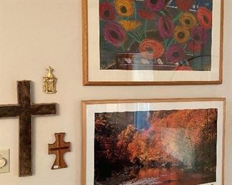 Wooden crosses, signed prints by Tim Ernst.