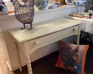 Small painted desk with drawer, metal cage chicken.