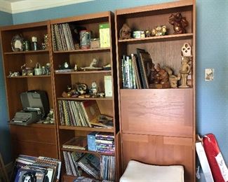 Teak veneer bookshelves & drop desk wall system