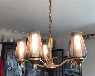 MCM brass & smoke glass chandelier