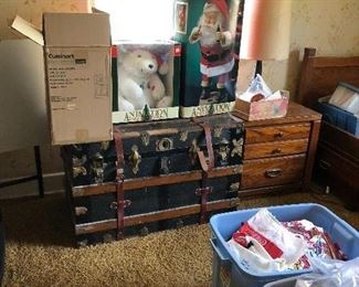 vintage steamer trunk, wood twin bed & nightstand