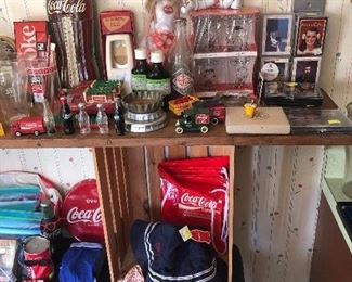vintage Coca Cola thermometer, Buddy L Coke trucks,  olympic pins