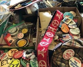 vintage pinback buttons from 60s-90s and 60s Peace Love guitar strap 