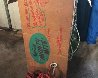 Neptune Mighty Mite boat motor in orig box. Vintage roloff anchor