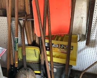 Garden tools, vintage boat safety cushions