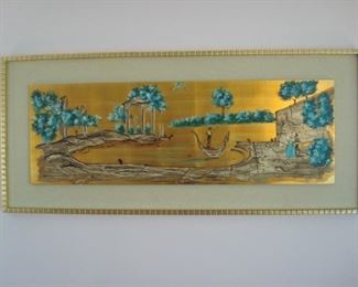 Living Room: This signed art is quite interesting with vivid turquoise and gold colors. The scene is painted on a wood insert but surrounded with a linen-look mat and gold block design frame. It measures 57" wide x 25" tall. The next photo shows the artist's signature.