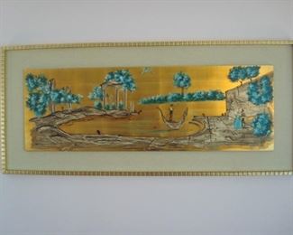 Living Room:  This signed art is quite interesting with vivid turquoise and gold colors.  The scene is painted on a wood insert but surrounded with a linen-look mat and gold block design frame.  It measures 57" wide x 25" tall.  The next photo shows the artist's signature.