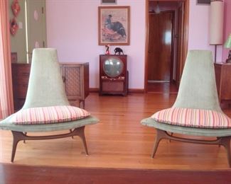 Living Room:  These Mid-Century Modern chairs are fabulous!!!  These are by KARPEN of CALIFORNIA and were recently custom upholstered.  The striped seat cushions are detached.  The seat width is 35," while the back height is 39."   Check out these same chairs on "1st Dibs"--you will be amazed!  (The port-hole TV in the background is NOT for sale--the client is keeping it.)