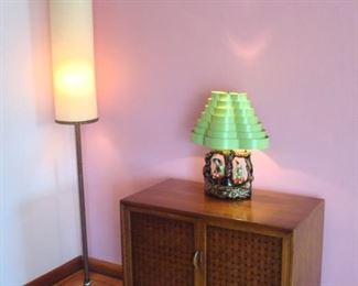 Living Room:  More Mid-Century Modern:  A pole lamp with three lights under the cylinder shade is to the left of another LANE cabinet.   Closer photos of the cabinet and TV lamp follow.  