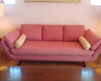 Living Room:  The sofa is now shown with two striped bolster pillows at each end. They match the seat cushions of the KARPEN mid-century chairs but are priced separately.  