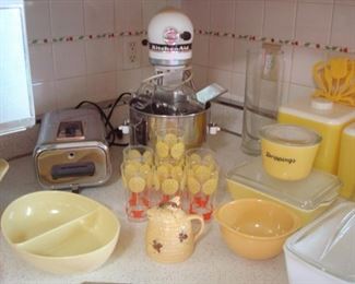 Kitchen:  A vintage KNAPP-MONARCH "Ready-Bake Cook Top Oven" and vintage KITCHEN-AID mixer  are surrounded by vintage kitchenware.