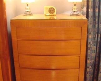 Bedroom:  A Mid-Century Modern R-WAY 5-drawer chest is one of four pieces in this room.  (Each piece is priced separately.)  This chest has a glass protective top and measures:  36" wide x 20" deep x 47" tall. 
Closer photos of the items displayed follow.