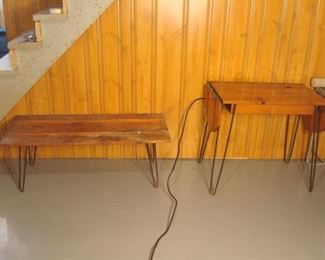 Lower Level:  Two mid-century modern pine tables with hair pin legs are separately price. The one on the right has drop leaves.