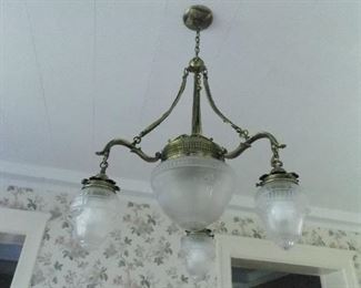 4 Light Vintage Light Fixture  Brass and Glass