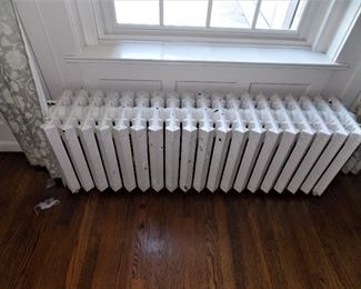 Large White Vintage Cast Iron Radiator  Quarter Sawn Oak Floor ,  Draperies