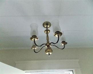 4 Light Traditional Brass Chandelier With Tall Glass Hurricane Chimneys