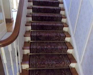 Beautiful Quarter Sawn Oak Railing, Decorative Stair Rods, Beautiful Newer Stair Runner, Brass Carpet Rods
