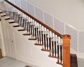 Quarter Sawn Oak Stair Railings, Carper Runner, Carpet Rods, Custom White Under Stair Door