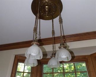 Stained Crown Molding, 4 Light Brass Pendant Light Fixture, Wood Custom Windows
