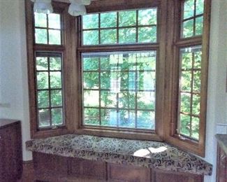 Custom Wood Windows, Oak Bench With Cushion, Pendant Light Fixture, Stained  Crown Molding