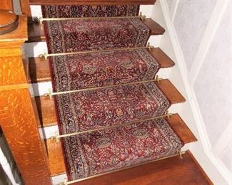 Newer Stair Runner With Brass Carpet Stair Rods, Unique Quarter Sawn Oak Railings 