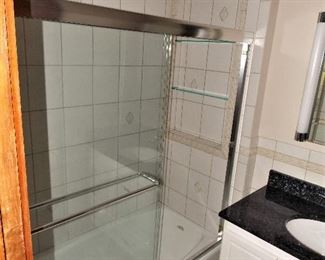 Newer Glass and Chrome Shower Doors, Vanity With Top, Mirror With Side Lights