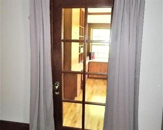 Interior Antique Wood and Glass Door, Draperies and Rods, Wood Floors