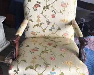 Pair of antique arm chairs with scalamandre fabric :: $350 each :: Size: 22" D x 26" W x 44.5" H x 27" Arm Height