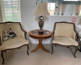 French Provincial Upholstered Armchair Set; Rosewood End Table and Painted Lamp