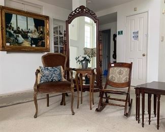 Velvet European Armchair, Mahogany Full-Length Beveled Mirror, Italian Accent Table (Imported), Antique Rocking Chair, Dark Wood Nesting Tables, and 48"x38" Original European Oil on Canvas