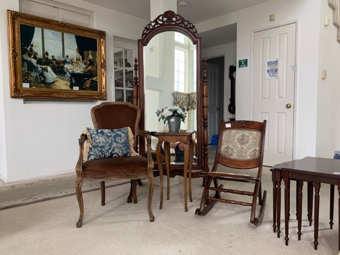 Velvet European Armchair, Mahogany Full-Length Beveled Mirror, Italian Accent Table (Imported), Antique Rocking Chair, Dark Wood Nesting Tables, and 48"x38" Original European Oil on Canvas