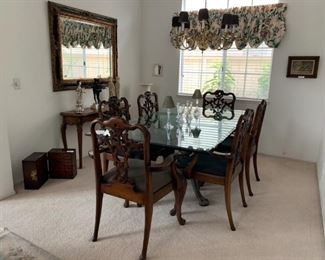 Beautiful Beveled Glass Dining Table with Six Carved Mahogany Armchairs; Ornate Beveled Mirror with Frame (48"x40"); Vintage Sofaback Wooden Table; Chinese Apothecary/Herbal Medicine Cabinet